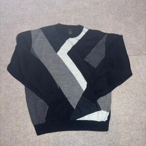 Protege Men XL Geometric Colorblock Wool Blend Crewneck Sweater Black Grey White